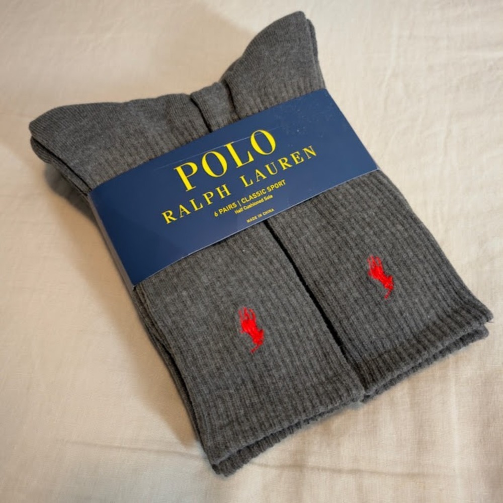 Polo Ralph Lauren Crew Socks Mens 10-13 Grey w/ Red Pony Six Pairs